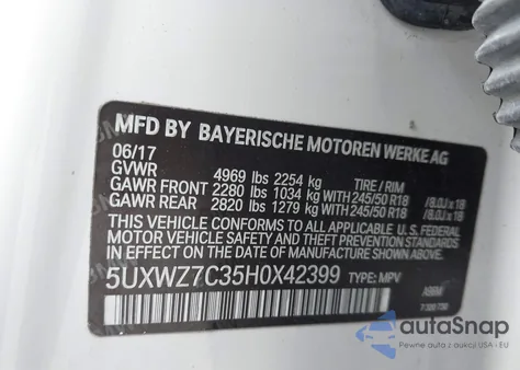 2017 BMW X3 Sdrive28I from USA, damaged, VIN 5UXWZ7C35H0X42399